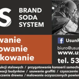 Grafika reklamowa firmy BSS Brand Soda System oferującej sodowanie, piaskowanie i szkiełkowanie, z hasłem 'Dojazd do klienta', zdjęciem osoby w kombinezonie ochronnym podczas piaskowania...