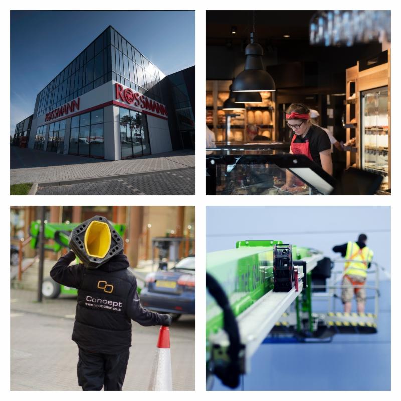 Kompozycja czterech zdjęć: nowoczesny budynek drogerii Rossmann, pracownica piekarni w czerwonej chuście za ladą, osoba w czarnej kurtce z logo Concept i żółtym hełmem na głowie, pracownik...