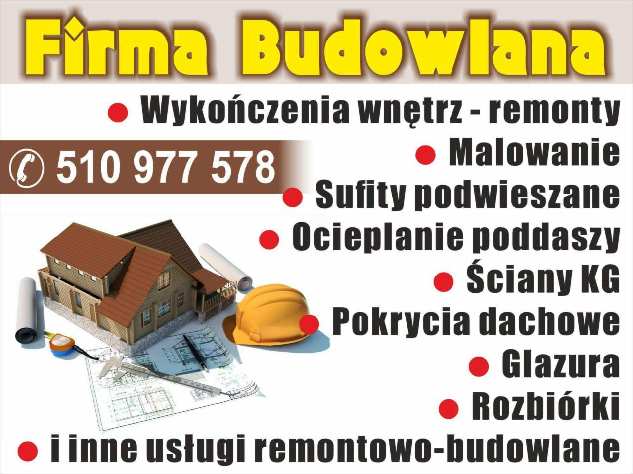Reklama firmy budowlanej z wizualizacją domu, planami, narzędziami i listą usług, w tym malowanie, sufity podwieszane, ocieplanie poddaszy i rozbiórki.
