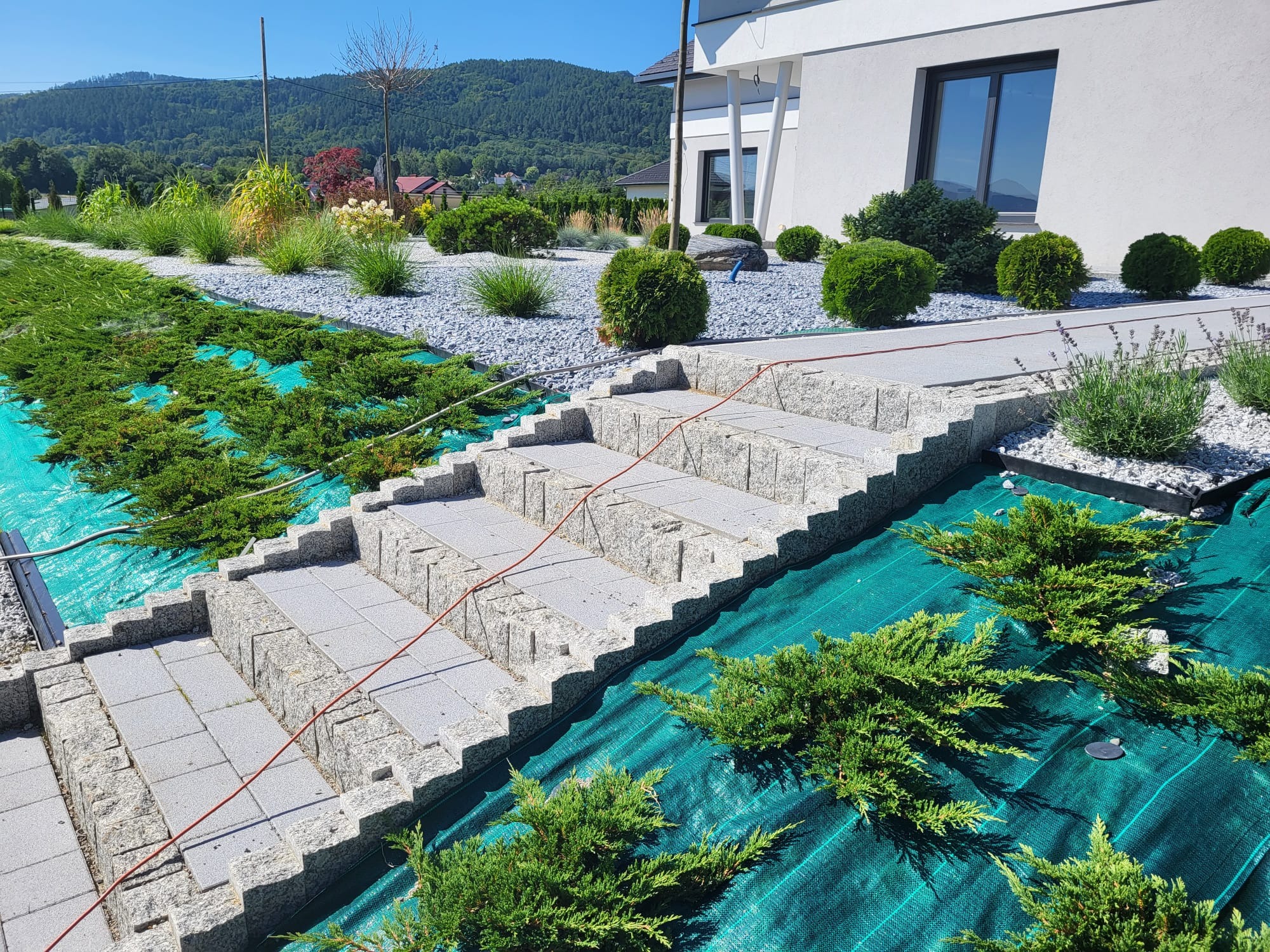 Granitowe schody prowadzące do nowoczesnego domu, otoczone świeżo posadzonymi krzewami iglastymi, zabezpieczonymi zieloną siatką, w tle kamienny żwir i widok na zalesione wzgórza.
