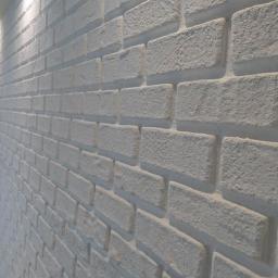 Prestige Home - Ściana wykończona dekoracyjną, białą cegłą, z widoczną fakturą i fugami, oświetlona punktowym światłem z góry.