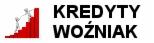 Logo firmy 'Kredyty Woźniak' przedstawiające czerwoną rosnącą drabinę z wspinającą się po niej białą postacią.