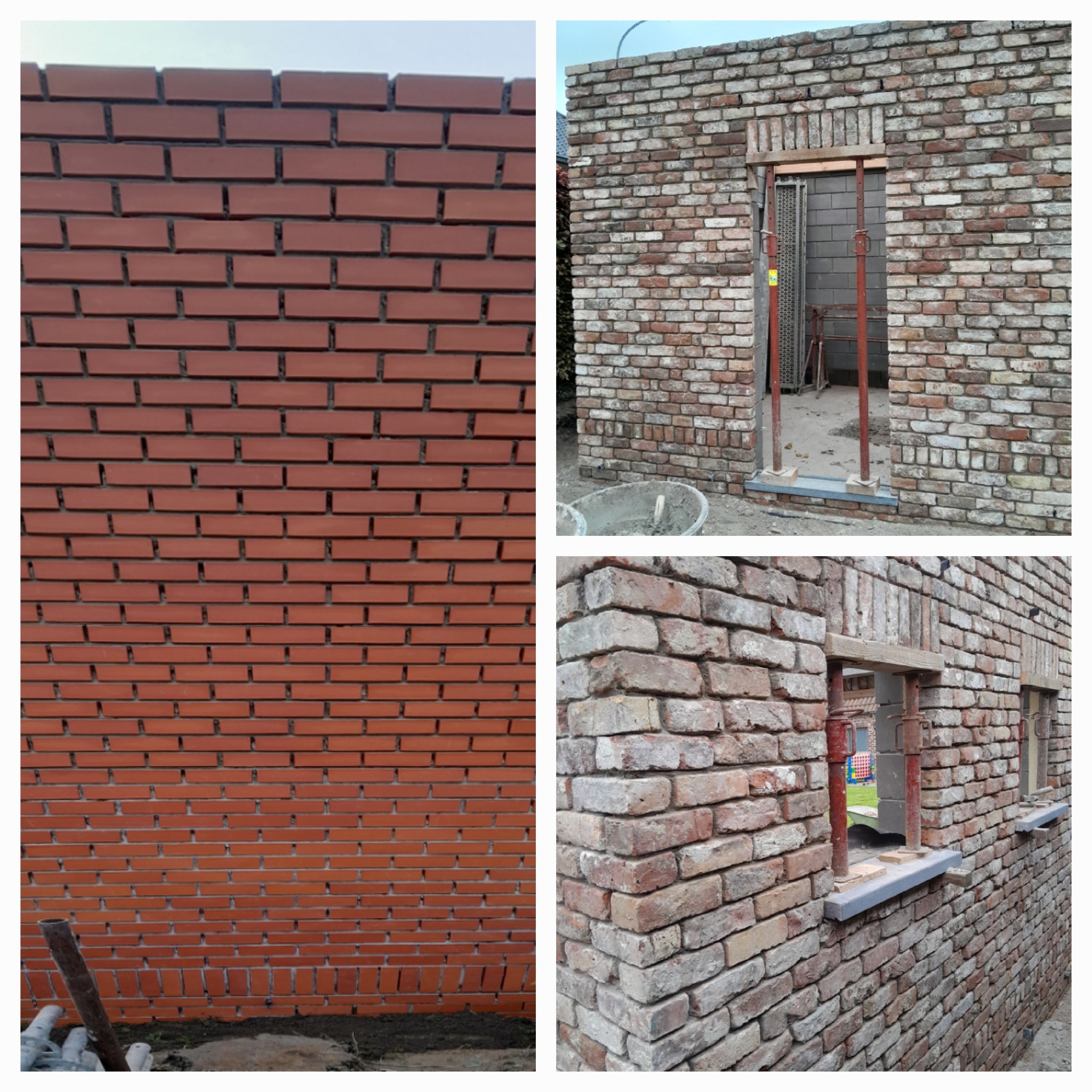 Trzy ujęcia: fragment ściany z czerwonej cegły, ściana z otworem na drzwi z podparciem i widocznym cementem oraz narożnik ściany z oknami i podparciem.
