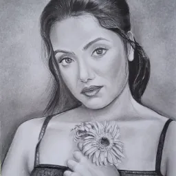 Portret kobiety z kwiatem w dłoni, wykonany ołówkiem na szarym tle. Realistyczny rysunek z dbałością o detale, delikatne cieniowanie.