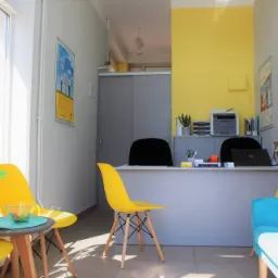 Jasne, nowoczesne biuro z żółtymi krzesłami i akcentem turkusowym, biurko z laptopem i drukarką, dekoracje okienne, kwiaty w wazonie na stoliku.