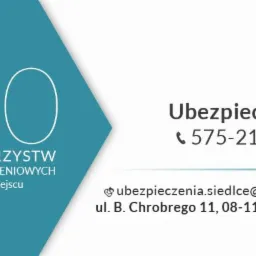 Wizytówka z informacjami kontaktowymi do firmy ubezpieczeniowej: numer telefonu, adres e-mail i adres siedziby w Siedlcach, hasło '20 Towarzystw Ubezpieczeniowych w jednym miejscu' umieszczone...