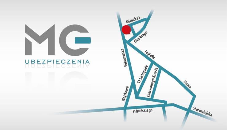 Logo firmy ubezpieczeniowej MC z mapą dojazdu, oznaczona czerwonym punktem na skrzyżowaniu ulic Chrobrego i Mieszka I.