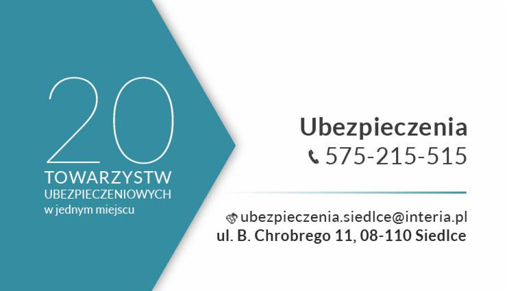 Wizytówka z informacjami kontaktowymi do firmy ubezpieczeniowej: numer telefonu, adres e-mail i adres siedziby w Siedlcach, hasło '20 Towarzystw Ubezpieczeniowych w jednym miejscu' umieszczone...