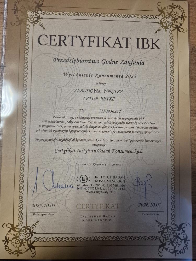 Certyfikat IBK 'Przedsiębiorstwo Godne Zaufania' dla firmy Zabudowa Wnętrz Artur Retke, z datą ważności do 2026.10.01, z podpisami i pieczęcią Instytutu Badań Konsumenckich.
