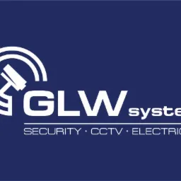 Logo firmy GLW System na granatowym tle, z symbolem kamery CCTV w okręgu i hasłem SECURITY • CCTV • ELECTRICITY.
