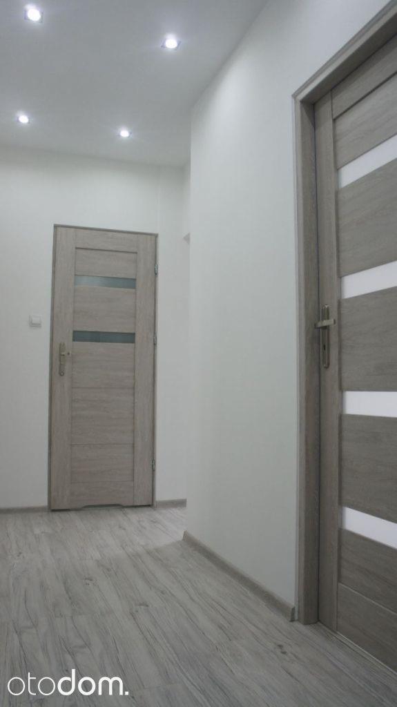 Wnętrze korytarza z dwiema szarymi, drewnopodobnymi drzwiami z przeszkleniami, wykończonego panelami podłogowymi w odcieniach szarości i białymi ścianami oraz oświetleniem sufitowym.