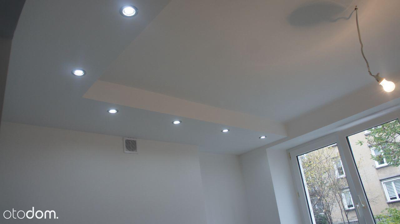 Wnętrze pokoju po malowaniu, z gładkimi białymi ścianami i sufitem, oświetlenie punktowe w suficie podwieszanym, widoczne okno z widokiem na budynek na zewnątrz, wisząca żarówka na kablu.