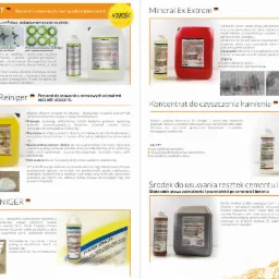 Ulotka reklamowa przedstawiająca różne środki czystości w butelkach i kanistrach, w tym preparaty do usuwania glonów, uporczywych zabrudzeń, kamienia, resztek cementu i betonu, z opisem ich...