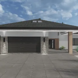 Wizualizacja nowoczesnego domu jednorodzinnego z garażem, wykończonego kamieniem elewacyjnym i drewnianymi elementami, otoczonego ozdobnymi trawami i szarym brukiem.
