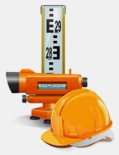 Pomarańczowy niwelator optyczny z łatą niwelacyjną ustawioną na wartości E29 oraz pomarańczowy kask budowlany na białym tle.