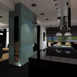 Wizualizacja nowoczesnej kuchni z czarnym blatem, wyspą i oknem z widokiem na zieleń, z elementami betonu architektonicznego i wnęką na drewno opałowe w zabudowie.