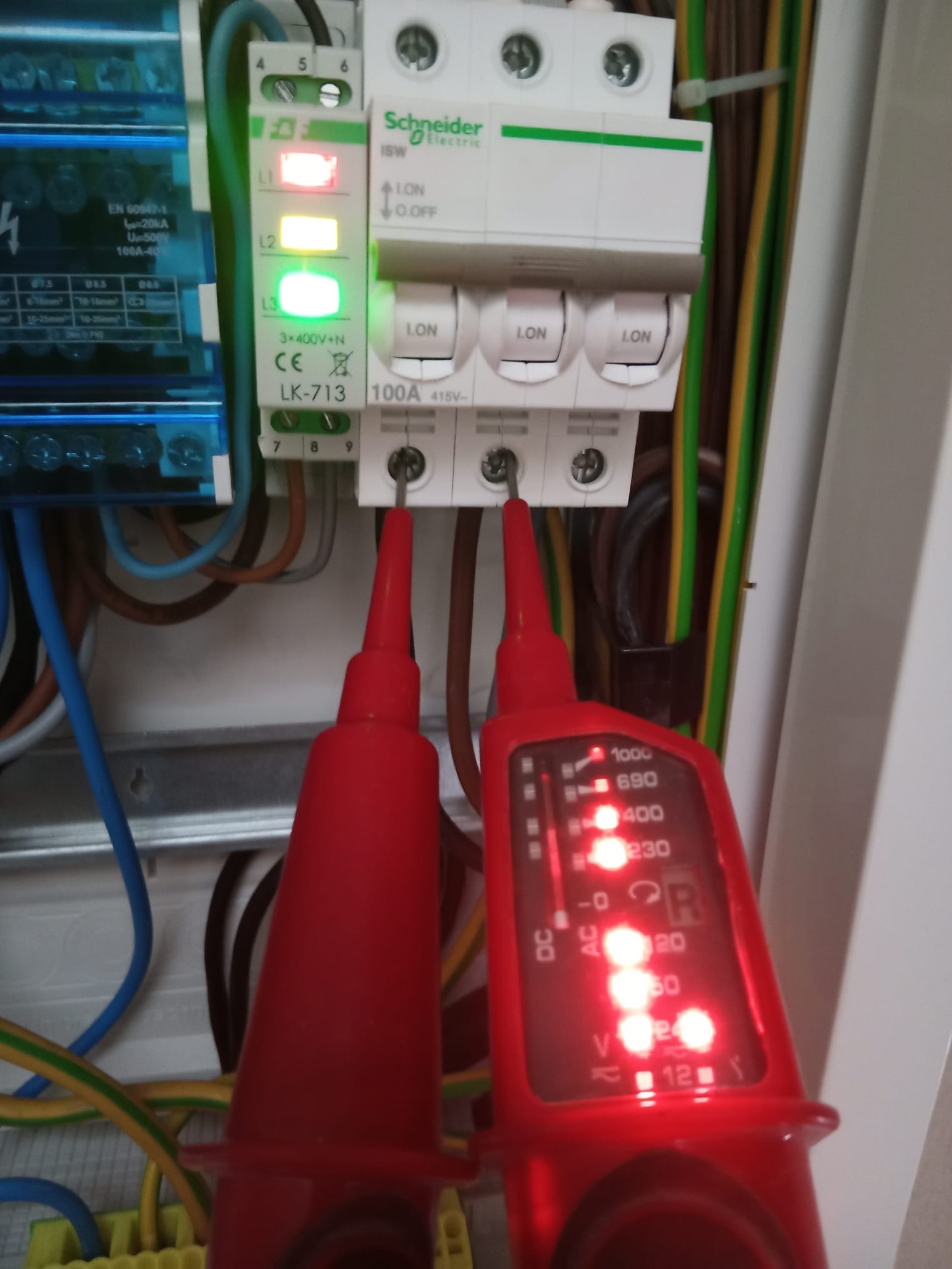 Elektryk mierzy napięcie w rozdzielnicy za pomocą wskaźnika napięcia, widoczne diody LED wskazujące zakres napięcia, obok zabezpieczenia marki Schneider Electric.