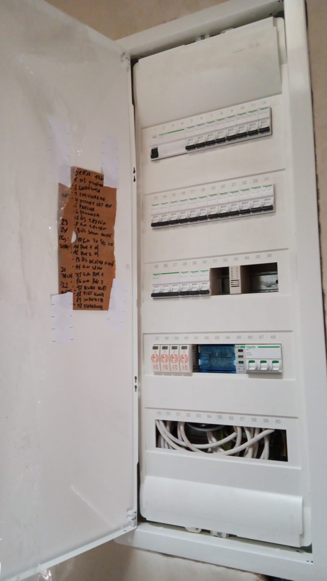 Otwarta skrzynka elektryczna z widocznymi bezpiecznikami, wyłącznikami i przewodami. Na drzwiach skrzynki przyklejona kartka z odręcznymi notatkami.