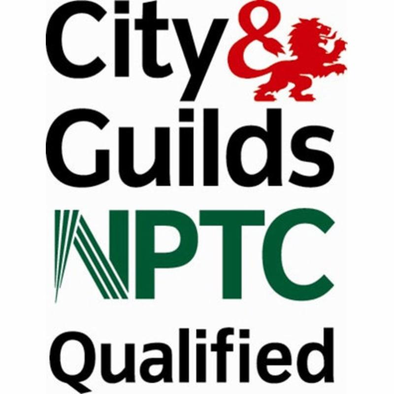 Logo City & Guilds NPTC Qualified z czerwonym lwem, potwierdzające kwalifikacje.