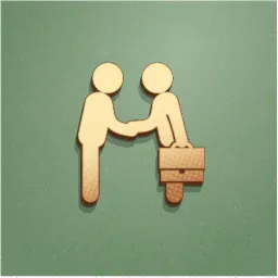 Stylizowana ilustracja przedstawiająca uścisk dłoni pomiędzy dwiema postaciami, jedna z teczką, na teksturowanym, zielonym tle.