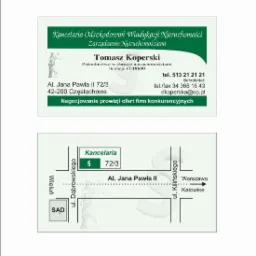 Wizytówka kancelarii oferującej usługi z zakresu odszkodowań, windykacji i zarządzania nieruchomościami, z mapką dojazdu do siedziby w Częstochowie.