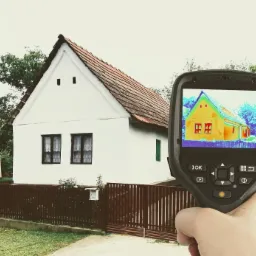 Termowizja domu jednorodzinnego z widocznymi stratami ciepła na ekranie urządzenia pomiarowego.