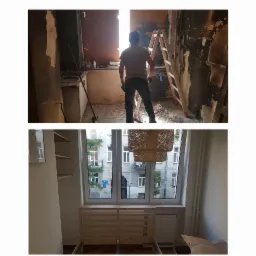 Dwuobrazkowe zestawienie: u góry kuchnia po pożarze z pracownikiem na drabinie, na dole sypialnia z surowym drewnianym łóżkiem i widokiem na kamienicę.