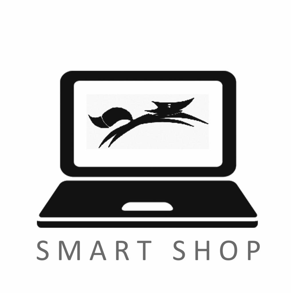 Stylizowany czarno-biały symbol laptopa z abstrakcyjnym motywem graficznym przypominającym lisa na ekranie i napisem 'SMART SHOP' poniżej.