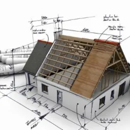 Wizualizacja domu jednorodzinnego w trakcie budowy, z widoczną konstrukcją dachu i częściowo położonym pokryciem, nałożona na odręczny plan architektoniczny z wymiarami i notatkami, obok zwinięte...