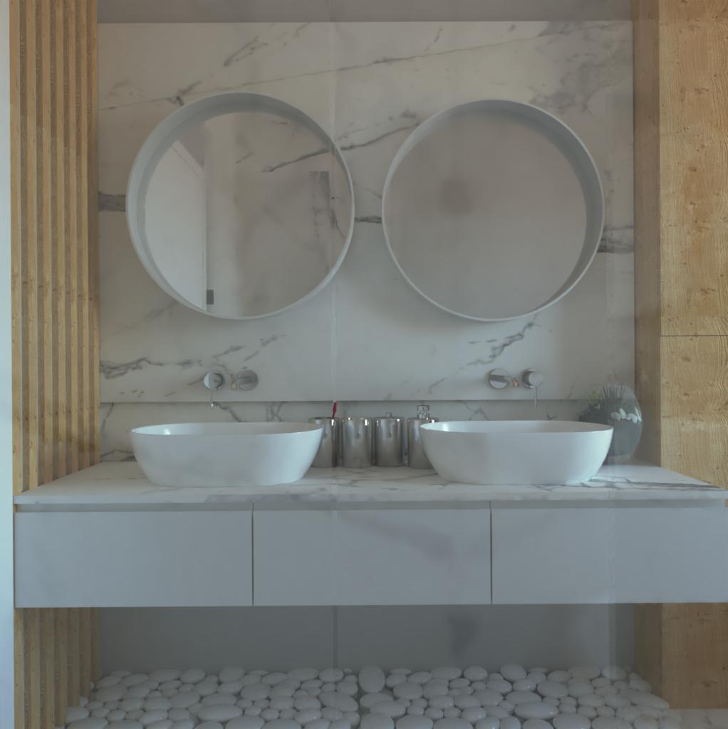 Nowoczesna łazienka z dwoma okrągłymi lustrami, umywalkami nablatowymi i marmurowym blatem, dekorowana drewnianymi panelami i kamieniami na podłodze.