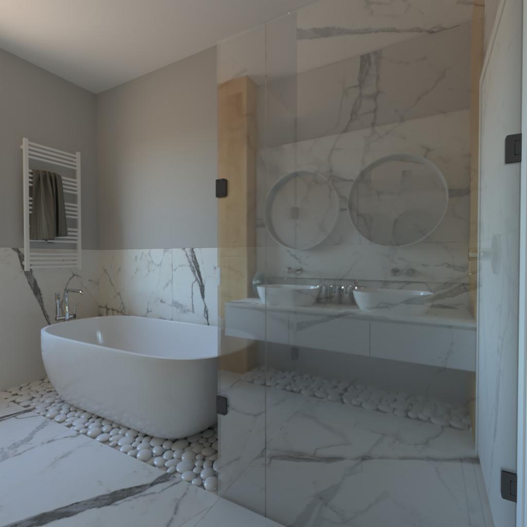 Nowoczesna łazienka z wolnostojącą wanną na białych kamieniach, marmurowymi ścianami i dwiema okrągłymi umywalkami na blacie.