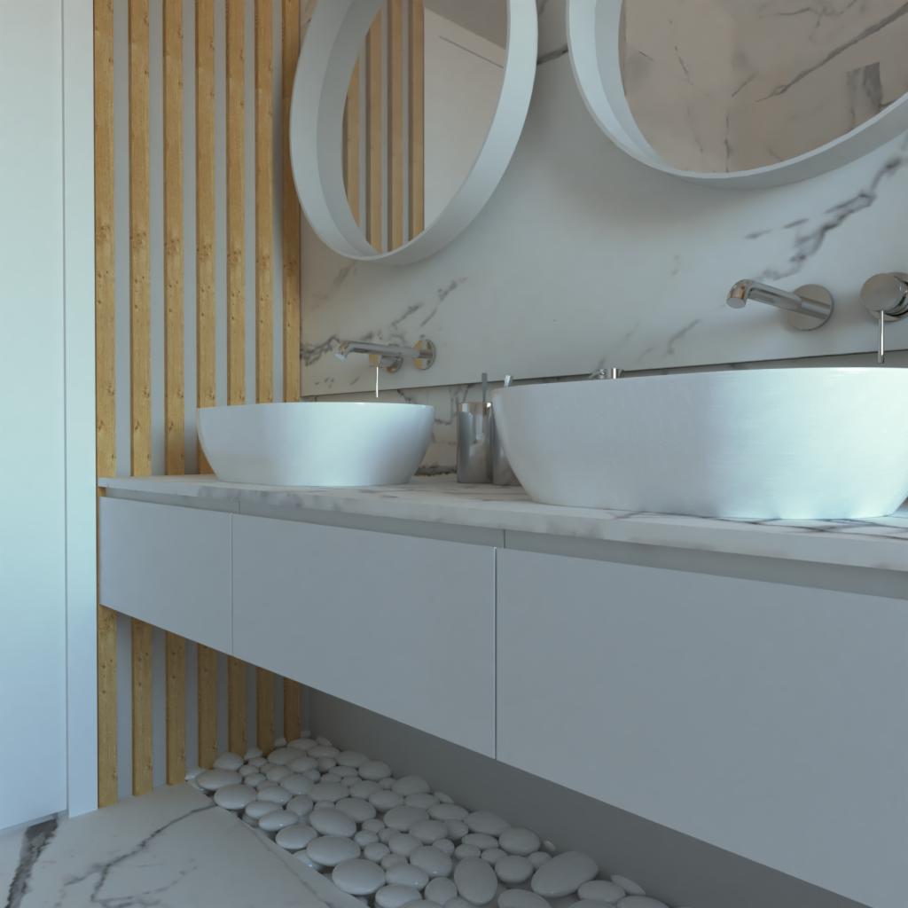 Nowoczesna łazienka z dwoma okrągłymi umywalkami nablatowymi, marmurowym blatem i ścianą z drewnianych listew, dekoracyjnymi kamieniami pod szafką.