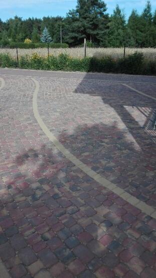 Ułożona kostka brukowa w odcieniach czerwieni i szarości, z jasną linią oddzielającą fragment posesji, w tle widoczna zieleń drzew i krzewów oraz metalowe ogrodzenie.