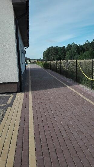 Ułożona z kostki brukowej ścieżka prowadząca wzdłuż domu, obrzeża ścieżki z jasnej kostki, po prawej stronie ogrodzenie z siatki.