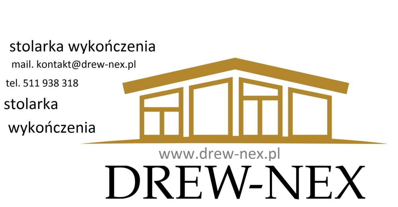 Logo firmy Drew-Nex specjalizującej się w stolarce wykończeniowej, z adresem email, numerem telefonu i adresem strony internetowej.