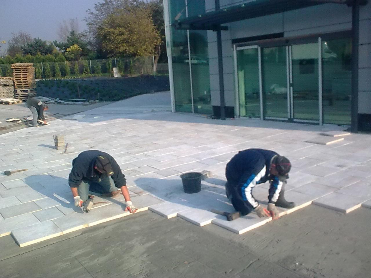 Pracownicy układają jasnoszare prostokątne płyty chodnikowe przed nowoczesnym budynkiem z przeszklonymi drzwiami wejściowymi, widoczne narzędzia, klej i palety z płytami w tle.