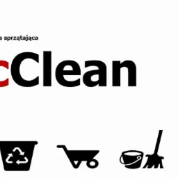 Logo firmy sprzątającej McLean z napisem 'Profesjonalna firma sprzątająca' i ikonami: konewka, kosz na śmieci z recyklingiem, taczka, wiadro z mopem, płot.