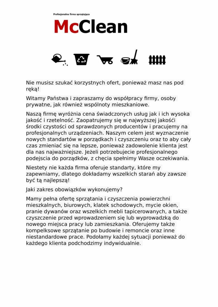 Reklama firmy sprzątającej McClean z ikonami usług, tekstem o ofercie sprzątania powierzchni mieszkalnych, biurowych, klatek schodowych, mycia okien, prania dywanów i mebli tapicerowanych, a także...