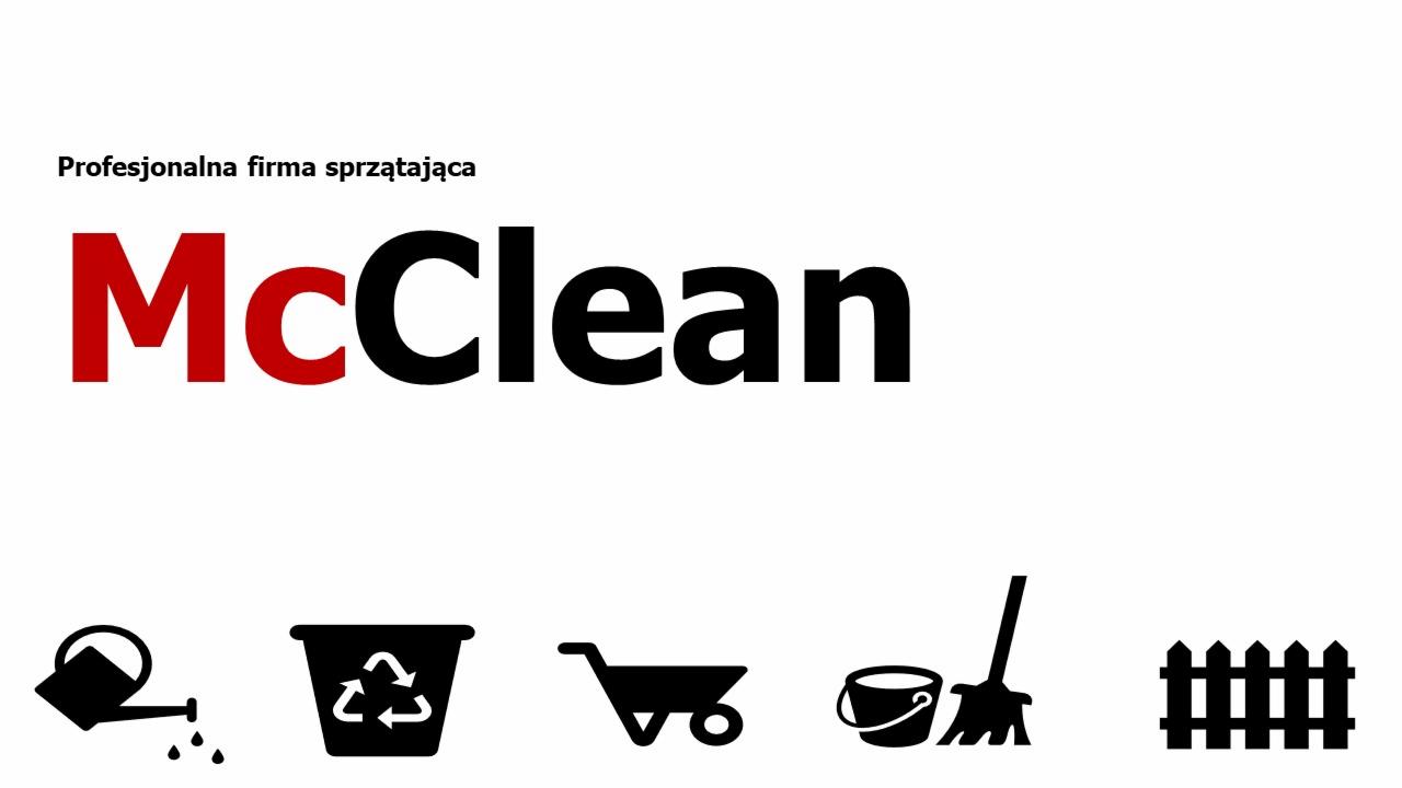 Logo firmy sprzątającej McLean z napisem 'Profesjonalna firma sprzątająca' i ikonami: konewka, kosz na śmieci z recyklingiem, taczka, wiadro z mopem, płot.