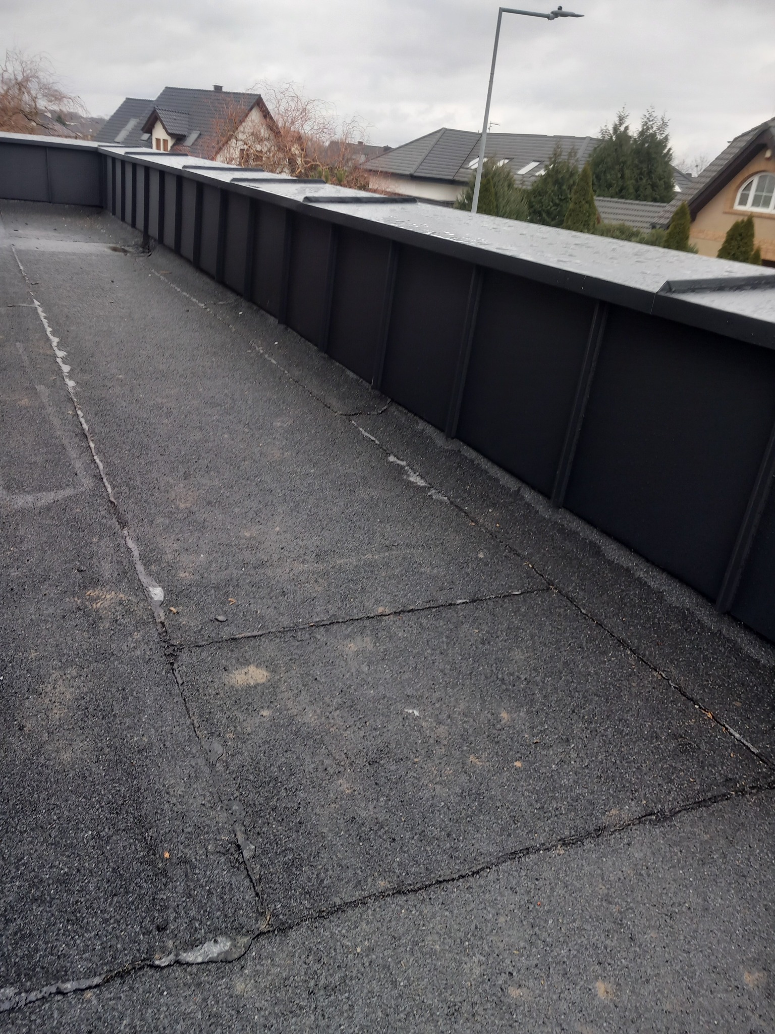 Płaski dach pokryty papą z widocznymi łączeniami i czarną obróbką blacharską na krawędzi, w tle zabudowa jednorodzinna i pochmurne niebo.