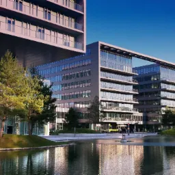 Nowoczesny kompleks biurowy z przeszklonymi fasadami, częściowo zawieszony nad wodą, otoczony zielenią, odbicie budynków w wodzie.