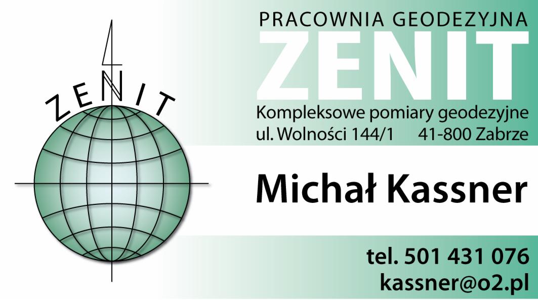 Wizytówka firmy geodezyjnej Zenit z adresem w Zabrzu, prezentująca logo z globusem i kompasem oraz dane kontaktowe Michała Kassnera.