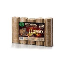 AGROLIDER - Ułożone w rzędzie kostki brykietu drzewnego ECO-PAL Ecomax z widocznym logo i informacjami o produkcie na etykiecie, o jednolitej strukturze i jasnobrązowym kolorze.