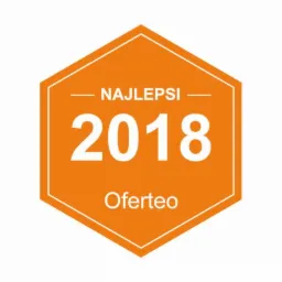 Pomarańczowa odznaka Oferteo z napisem 'Najlepsi 2018' na białym tle.