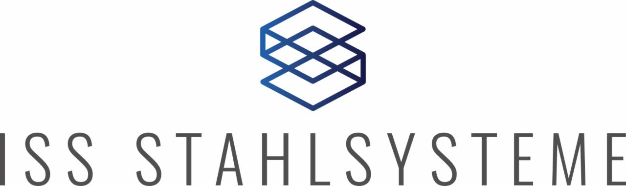 Logo firmy ISS STAHL SYSTEME z geometrycznym symbolem przypominającym konstrukcję stalową w kolorze niebieskim.