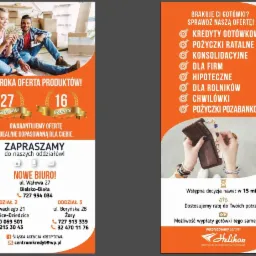 Ulotka reklamowa agencji kredytowej Helikon z ofertą kredytów gotówkowych, konsolidacyjnych, hipotecznych, dla firm, rolników, chwilówek i pożyczek pozabankowych. Na ulotce uśmiechnięta para...