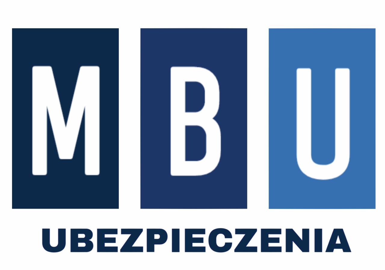 Logo firmy ubezpieczeniowej MBU z napisem UBEZPIECZENIA poniżej, na białym tle. Litery M, B, U umieszczone w oddzielnych, prostokątnych polach w odcieniach koloru niebieskiego.