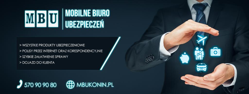 Grafika reklamowa mobilnego biura ubezpieczeń MBU z ikonami symbolizującymi różne rodzaje ochrony, trzymanymi w dłoniach elegancko ubranego mężczyzny na ciemnym tle. Widoczny numer telefonu i adres...