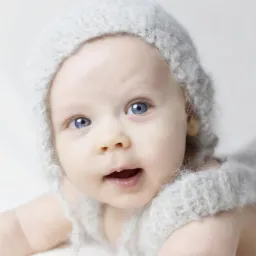 Niemowlę z otwartymi ustami, ubrane w futrzany kombinezon i czapeczkę, leżące na białym tle.