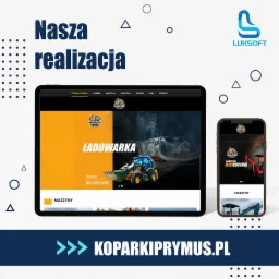 Prezentacja responsywnej strony internetowej firmy Prymus-H na tablecie i smartfonie, z widoczną ofertą ładowarek i minikoparek.